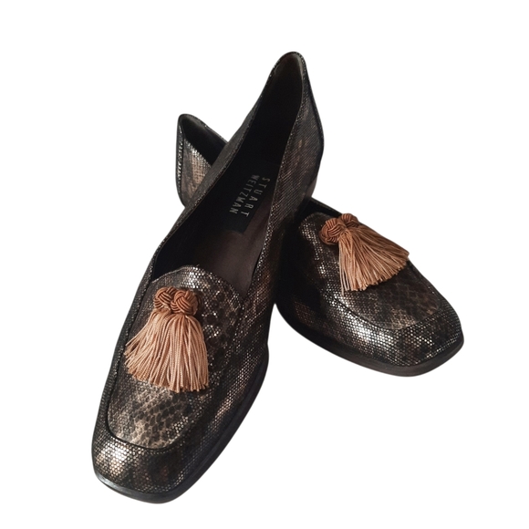 Stuart Weitzman Shoes - STUART WEITZMAN Black & Gold Snake Print Leather Loafer w/Tassels Sz 8.5